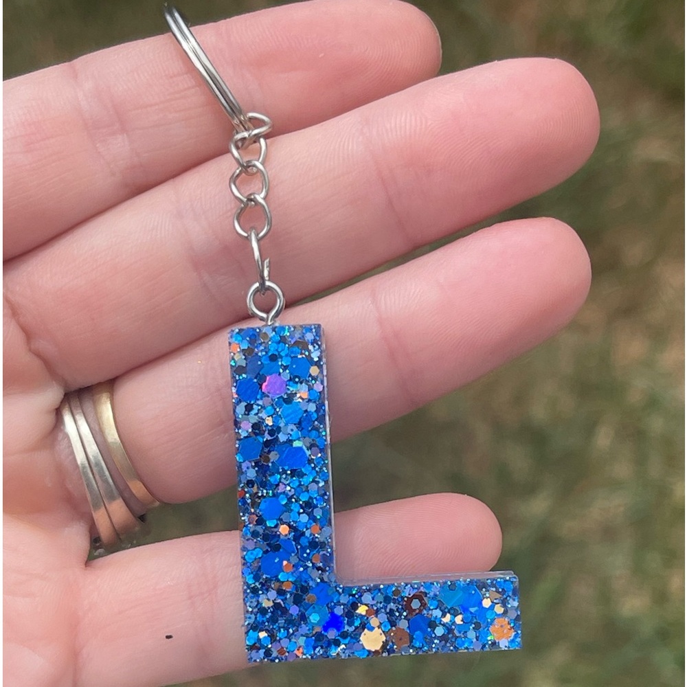 Blue Letter L Initial Keychain Handmade With Resin